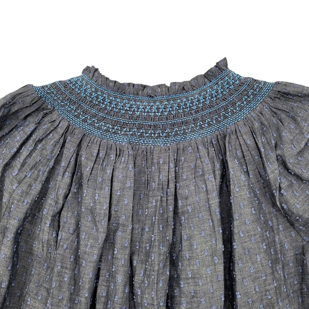 LOFT Womens Small Blouse Cotton Blue Smocked Peasant Puff‎ Sleeve NWT